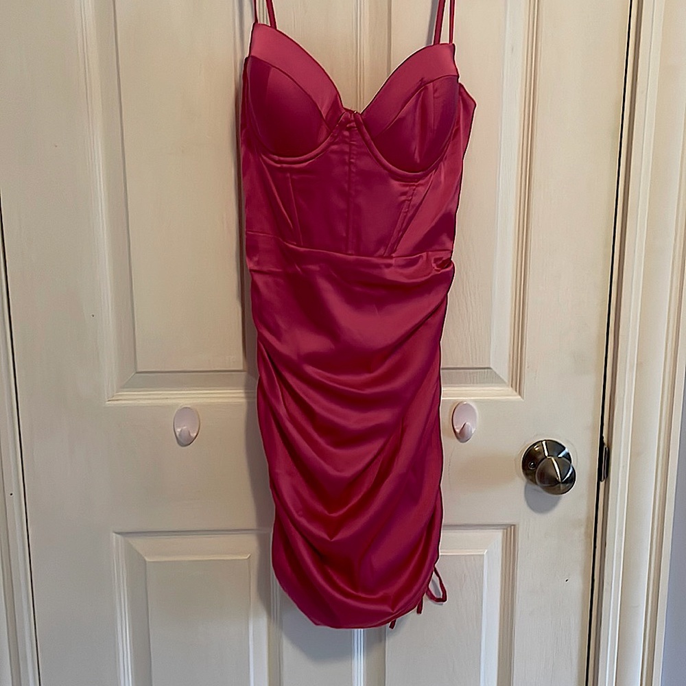 Ruched Asymmetric Satin Mini Dress in pink
